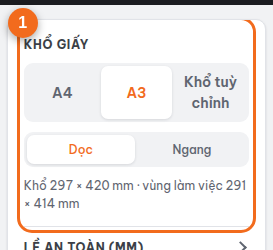Mục "Khổ giấy": A4, A3, khổ tuỳ chỉnh, dọc hoặc ngang