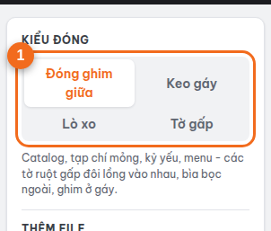 Mục "Kiểu đóng": ghim giữa, keo gáy, lò xo, tờ gấp