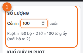 Mục "Số lượng": nhập số cuốn, Trimbe tính số tờ giấy ruột và bìa